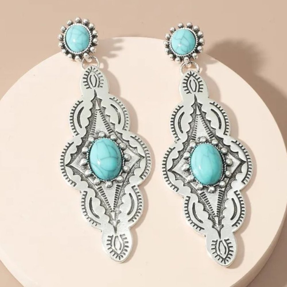 Western Southwestern Boho Cowboy Aged Silver & Turquoise Dangle Earrings NEW - Picture 5 of 5